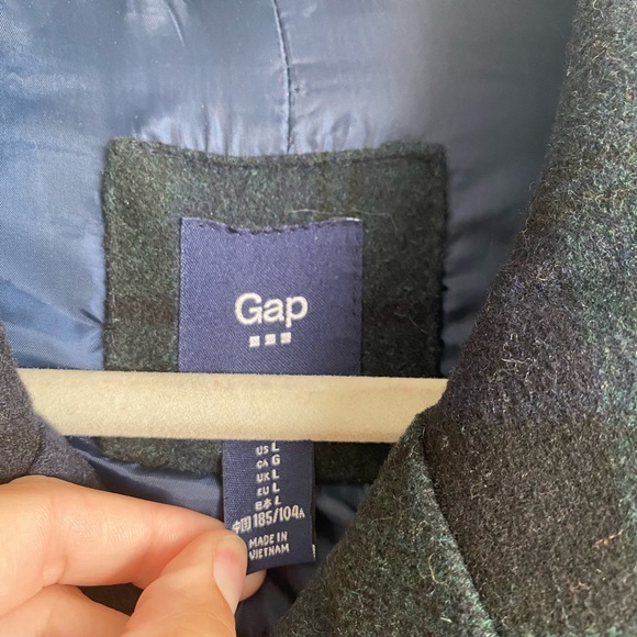 Gap Men’s Peacoat Size Large Tartan Plaid Wool Blend Navy Blue Green Vintage - Picture 3 of 9